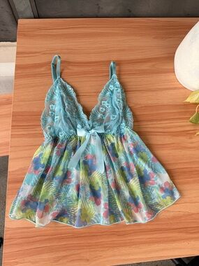 Aqua Lace Floral Chiffon Babydoll